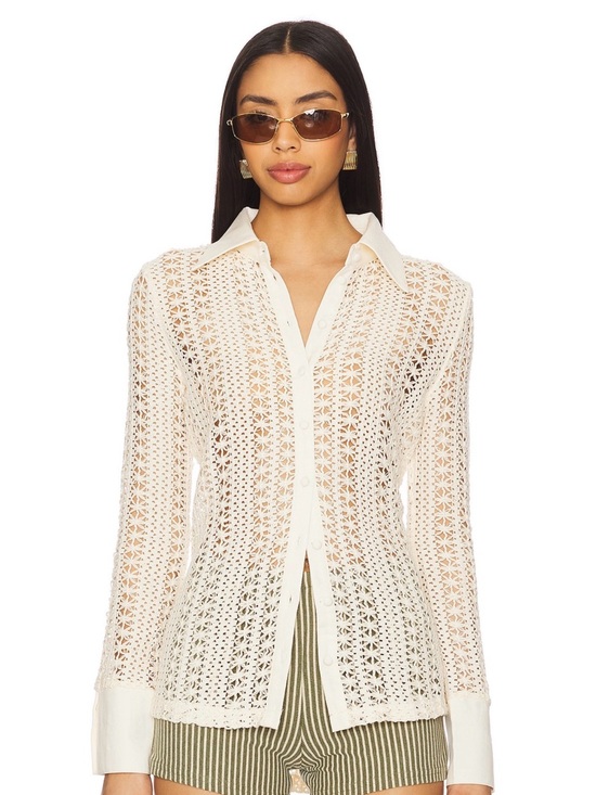 Lioness Tops - Lioness Cream Crochet Button-Down Shirt